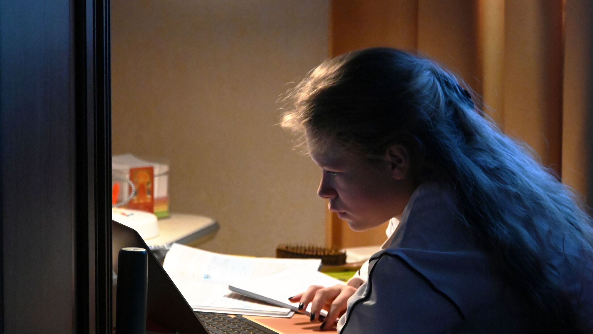Девочка во время онлайн-занятия у себя дома в Москве - РИА Новости, 1920, 22.12.2020