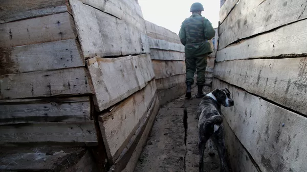 Военнослужащий Народной милиции ДНР в окопе в Новоазовском районе у села Саханка вблизи линии соприкосновения в южной части ДНР