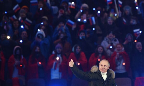 18 марта 2021-го: на концерте в Лужниках в честь воссоединения Крыма и России.