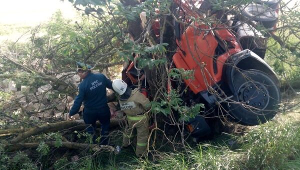 В Симферопольском районе КамАЗ перевернулся и врезался в дерево