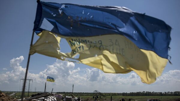 Украинский флаг развевается на украинской позиции в Марьинке, недалеко от Донецка, восточная Украина, пятница, 5 июня 2015 года. Архивное фото