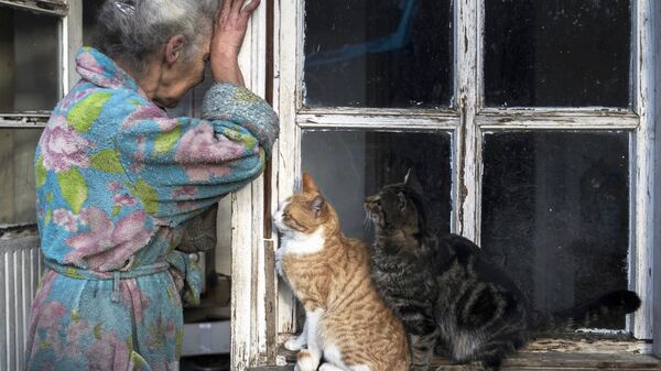 Пожилая женщина с кошками возле своего дома в городе Лачин (Бердзор) в Нагорном Карабахе
