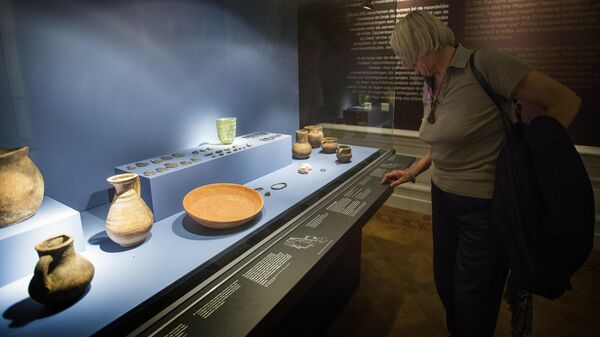 На снимке, сделанном 21 августа 2014 года, изображен посетитель, рассматривающий артефакты, выставленные на выставке Крым: золото и секреты Черного моря в Музее Алларда Пирсона в Амстердаме