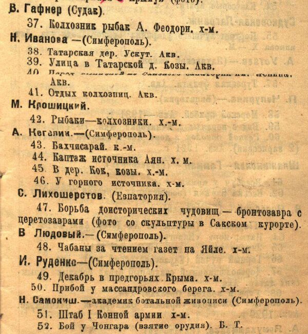 Фрагмент каталога выставки Искусство Советского Крыма за 1935 год. Упоминается сакская группа динозавров и ее автор Фрагмент каталога выставки Искусство Советского Крыма за 1935 год. Упоминается сакская группа динозавров и ее автор