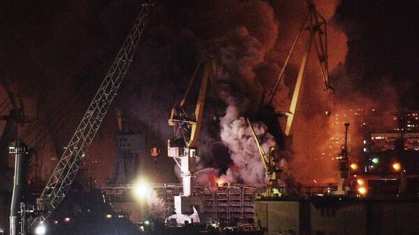 Пожар на корвете Проворный на заводе Северная верфь в Санкт-Петербурге