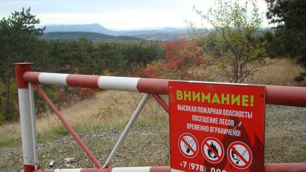 Табличка Внимание на шлагбауме у входа в лесополосу