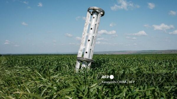 Внутренние компоненты кассетного боеприпаса, оставшиеся на травяном поле недалеко от Лисичанска