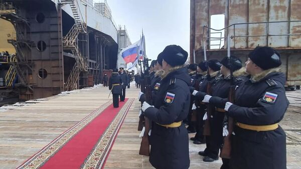 Церемония спуска на воду атомного подводного ракетного крейсера Князь Пожарский проекта Борей-А на заводе Севмаш в Северодвинске