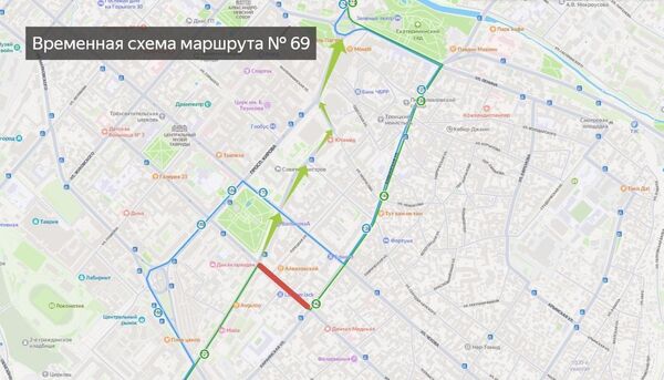 Временная схема движения автобуса №69 в Симферополе на 28 февраля 2024