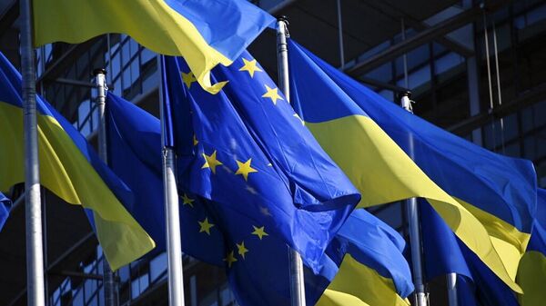 Флаги Европейского Союза и Украины, развевающиеся возле Европейского парламента в Страсбурге, восточная Франция.
