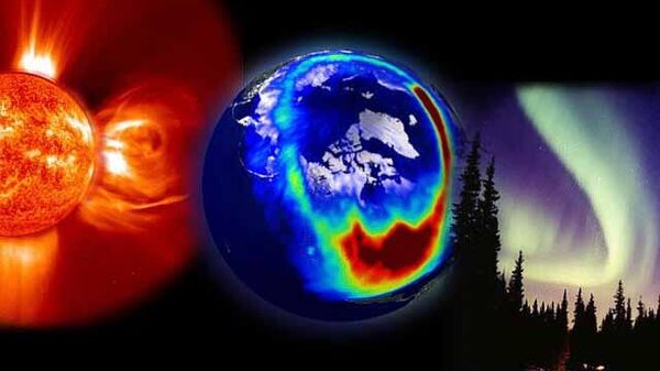 Композиция, показывающая вспышку на Слонце и магнитный шторм, вызванный на Земле