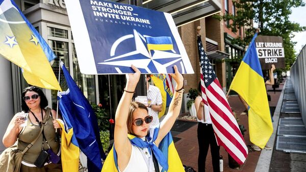 Украинская беженка держит плакат возле саммита НАТО в Вашингтоне