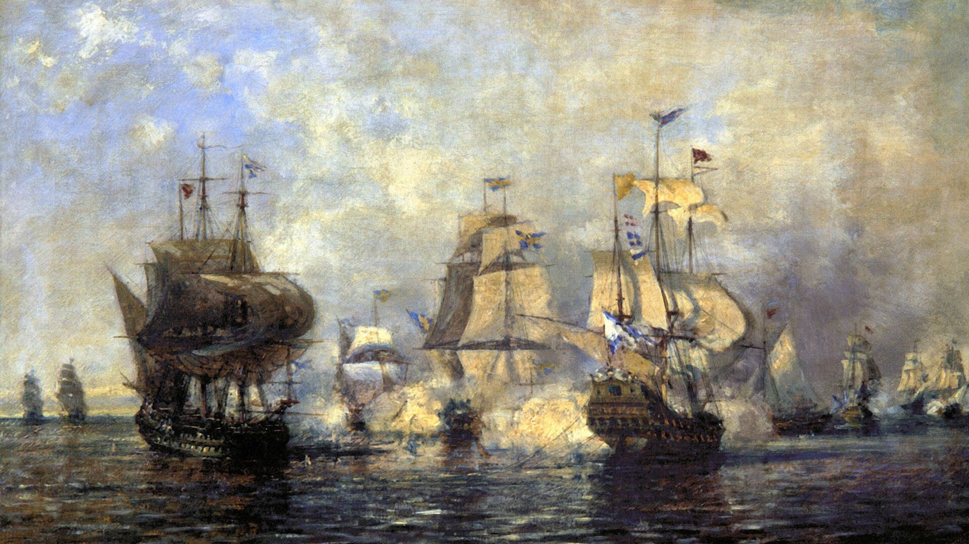 А. Боголюбов (1824-1896). Первое сражение русского корабельного флота под командой Н.А. Сенявина около острова Эзель со шведским флотом. Репродукция эскиза 1866 г. Саратовский художественный музей им. А.Н. Радищева. - РИА Новости, 1920, 22.05.2025