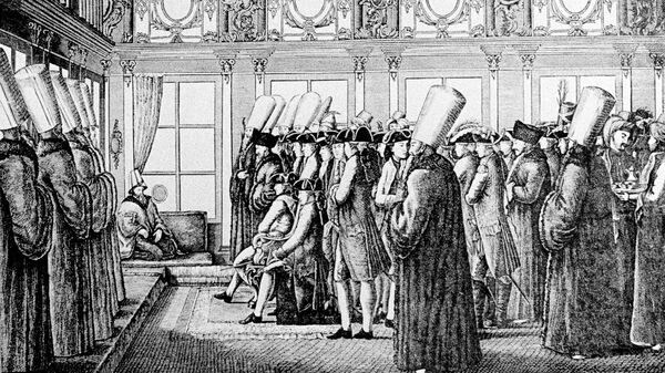 Репродукция гравюры Посольство князя Н.В.Репнина в Турцию для ратификации Кючук-Кайнарджийского мира. Государственный Исторический музей в Москве.
