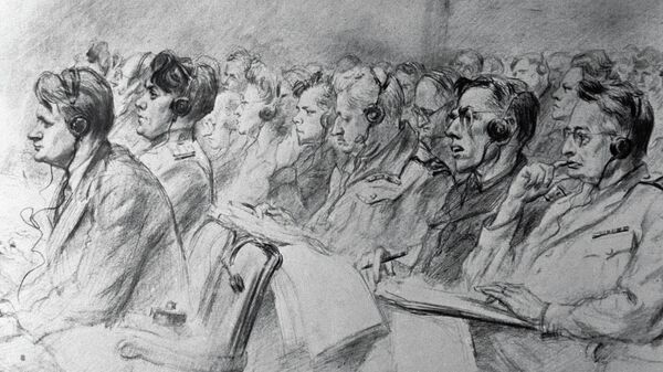 Репродукция картины Н. Жукова Мир судит. Выставка Нюрнбергский процесс.