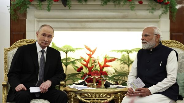 Президент РФ Владимир Путин и премьер-министр Индии Нарендра Моди во время встречи в Нью-Дели