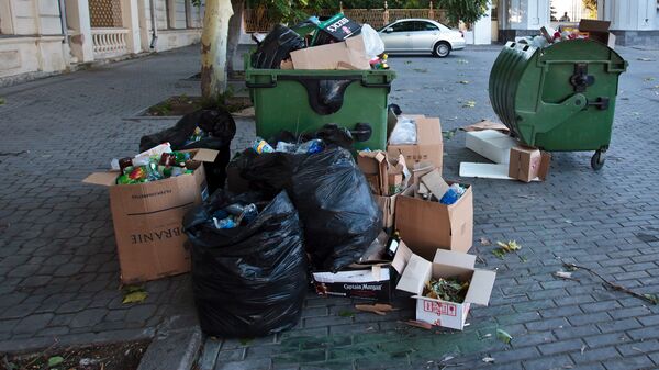 Переполненные мусорные контейнеры на площади Нахимова в Севастополе
