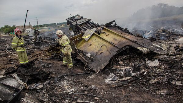 Спасатели работают на месте крушения малайзийского самолета Boeing 777 в районе города Шахтерск Донецкой области. 17 июля 2014 года