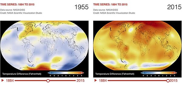 Иллюстрация изменения глобальной температуры планеты. 1955 и 2015 годы Иллюстрация изменения глобальной температуры планеты. 1955 и 2015 годы