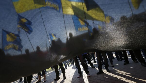 Активисты партии Свобода во время демонстрации в Киеве, Украина