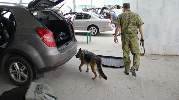 Кинолог с собакой досматривает автомобиль в таможенной зоне пункта пропуска Джанкой на границе России и Украины