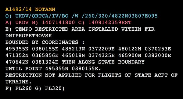 Уведомление NOTAM, разосланное властями Украины экипажам воздушных судов об ограничении минимальной высоты полетов над Донбассом накануне трагедии с MH17 Уведомление NOTAM, разосланное властями Украины экипажам воздушных судов об ограничении минимальной высоты полетов над Донбассом накануне трагедии с MH17