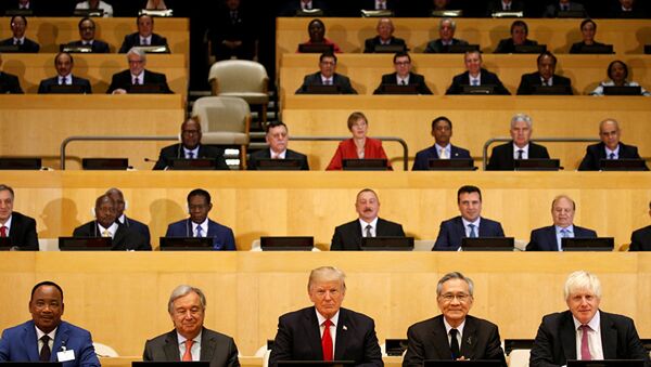 Президент США Дональд Трамп принимает участие в заседании о реформе ООН в штаб-квартире организации в Нью-Йорке, США. 18 сентября 2017
