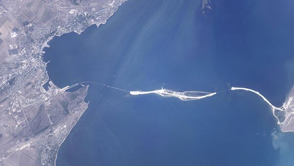 Космический снимок зоны строительства моста через Керченский пролив от космонавта Олега Скрипочки. Август 2016