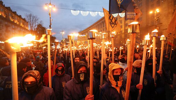 Марш по случаю годовщины создания УПА (запрещена в РФ) в Киеве. 14 октября 2017 года
