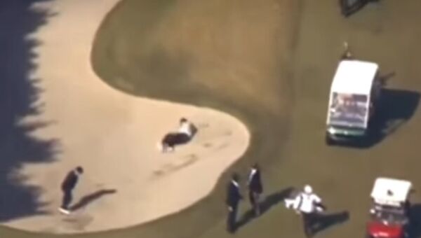 Скриншот с видео, на котором премьер-министр Японии упал в яму во время игры в гольф с президентом США Дональдом Трампом