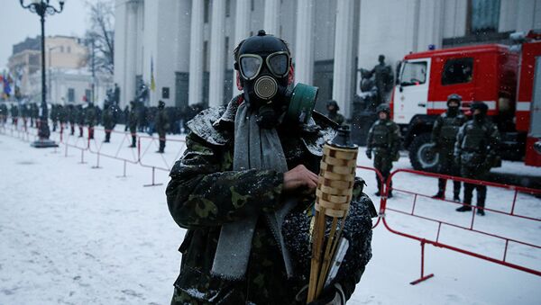 Участник акции протеста у здания Верховной Рады Украины