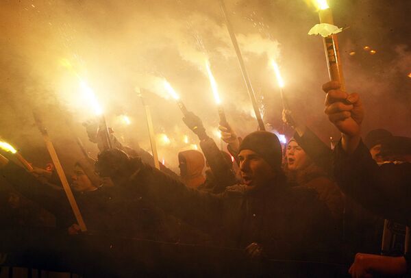 Активисты различных националистических партий во время митинга в Киеве, Украина. 1 января 2018 Активисты различных националистических партий во время митинга в Киеве, Украина. 1 января 2018