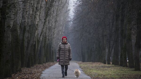 Женщина гуляет с собакой. Архивное фото