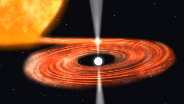 Пульсар крадет вещество у соседней звезды, красного гиганта
