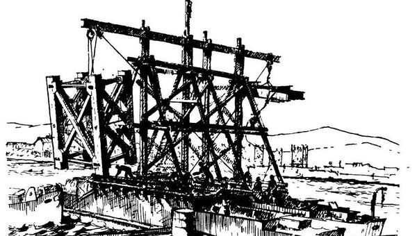 Перевозка рамных опор во время строительства моста через Керченский пролив, 1944 год