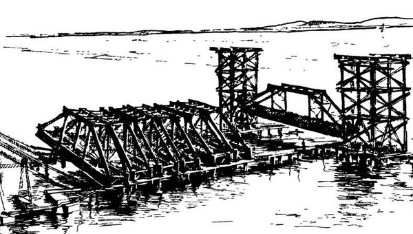 Спуск ферм к причалу во время строительства моста через Керченский пролив, 1944 год