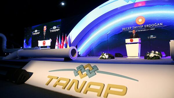 Президент Турции Реджеп Тайип Эрдоган выступает на торжественной церемонии открытия Трансанатолийского газопровода (TANAP) в Эскишехир. 12 июня 2018