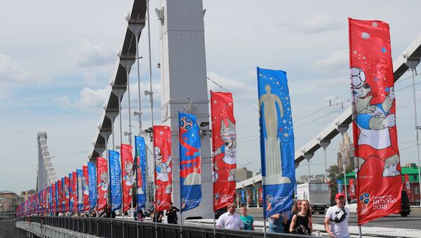 Флаги с символикой ЧМ-2018 на Крымском мосту в Москве