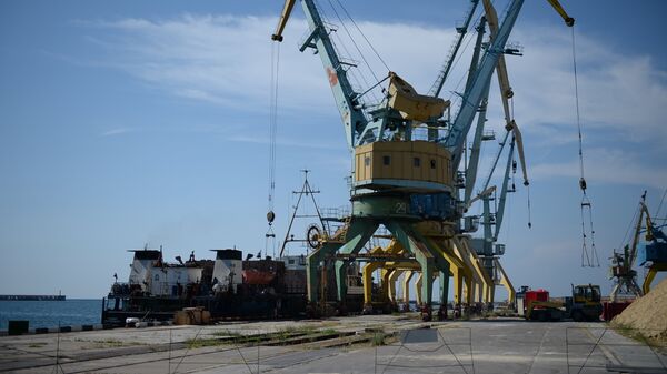 Погрузка зерна на корабль в порту Севастополя для отправки в Сирию