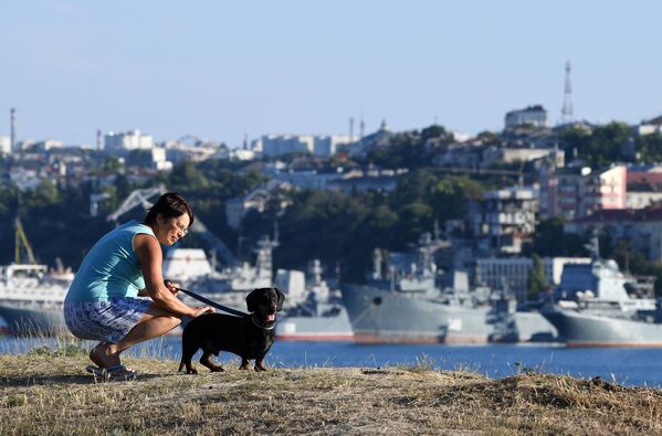 Женщина с собакой в бухте в Севастополе