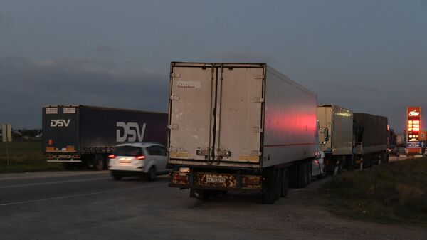 Фуры в ожидании запуска грузового движения по Крымскому мосту