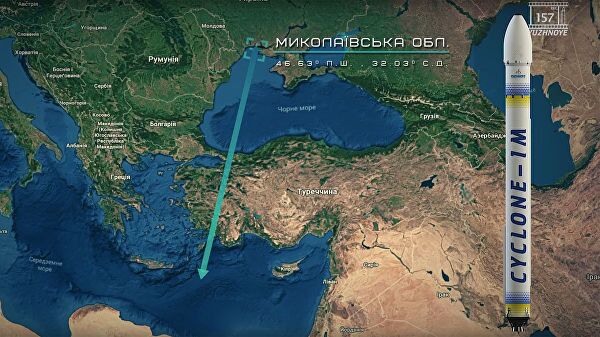 Стоп-кадр видеопрезентации украинского КБ Южное, на котором показана предполагаемая траектория полета ракеты Циклон-1М после запуска с космодрома на берегу Черного моря