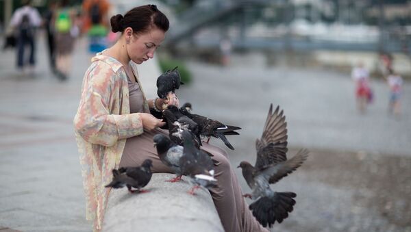 Девушка кормит голубей на набережной в Ялте