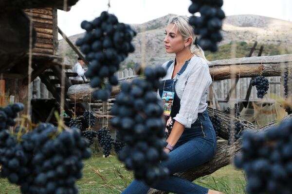 Девушка фотографируется в виноградной фотозоне на Празднике Винограда в селе Перевальное Симферопольского района