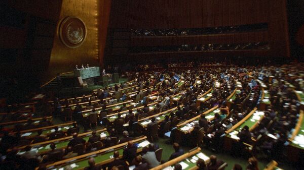 Зал заседаний. Сессия Генеральной Ассамблеи ООН.